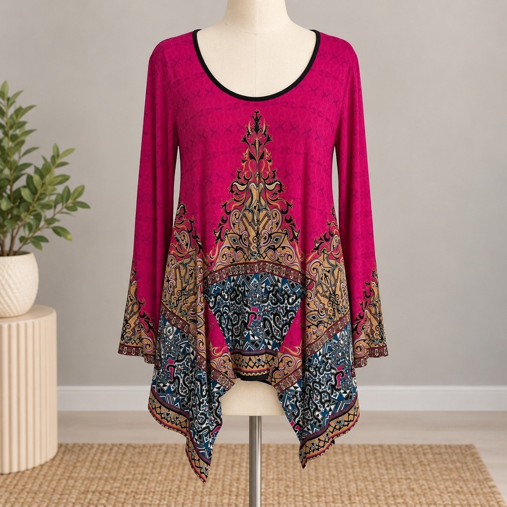 Beige by ECI Tunic Pink Boho Paisley Handkerchief Hem Long Sleeve Top Sz Large